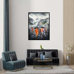 Preview of 'Journey Of Kedarnath (Kedarnath Temple in the Rain)' Painting by Arjun Das shown on a wall in a furnished room.