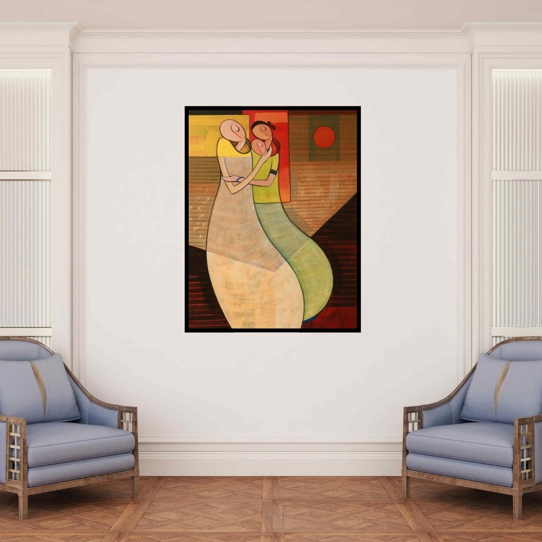 In-situ view of Dattatraya Thombare's 'Journey Of A Mother' painting in a room