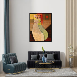 Preview of 'Journey Of A Mother' Painting by Dattatraya Thombare shown on a wall in a furnished room.