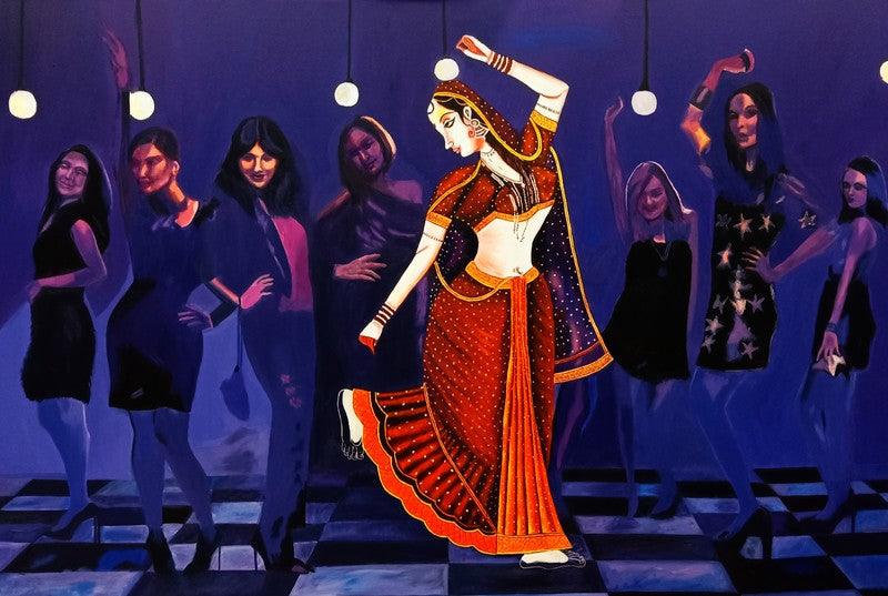 Figurative oil painting titled 'Journey of Life and Culture', 60x33 inches, by artist Shrabani Maity on Canvas