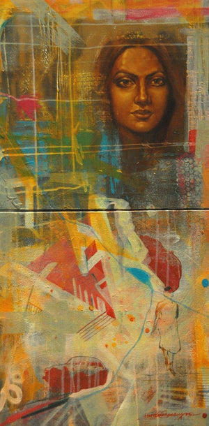 Journey Of Life (Mixed Media Portrait with Abstract Figures) by Harisadhan Dey, Original Oil Figurative Painting on Canvas, Medium Vertical Wall Art