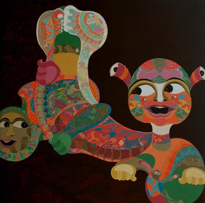 Journey Of Umbilicalism (The Cosmic Carnival) by Tanushree Chakraborty, Original Acrylic Figurative Painting on Canvas, Large Square Wall Art