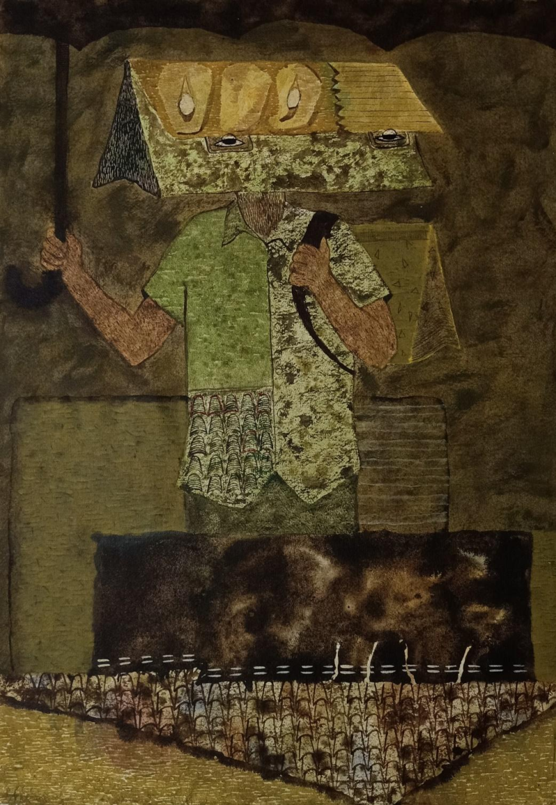 A Journey Through My Village Childhood' contemporary acrylic painting by artist Ashwin Khapare, 35x25 inch, on paper