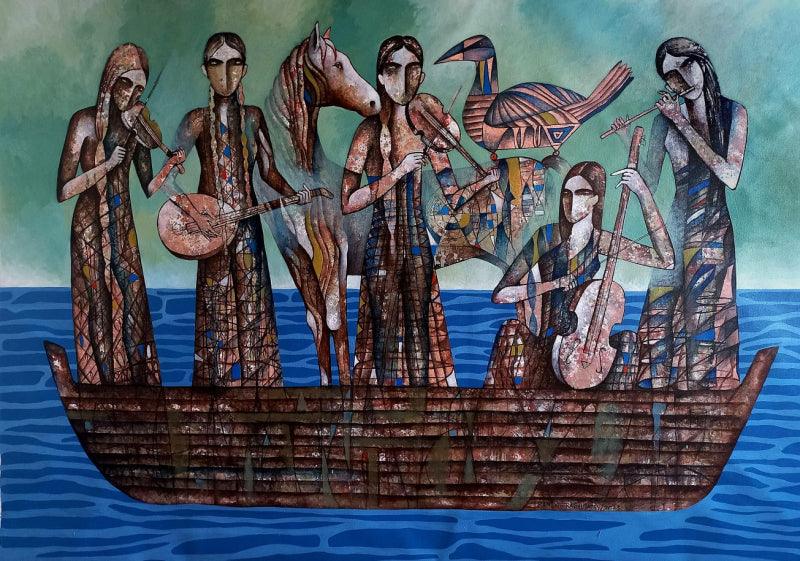 Figurative acrylic painting titled 'Journey To The Promised Land', 48x67 inches, by artist Ranjith Raghupathy on Canvas