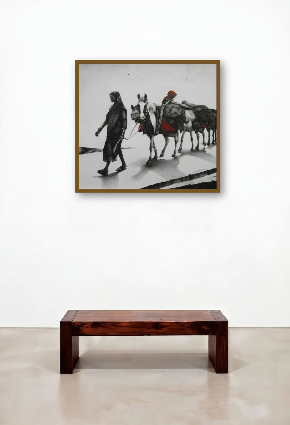 Journey With Horse (Journey of Shadows: A Monochromatic Exploration of Human Experience) by artist Yuvraj Patil displayed in a Transitional Living Room