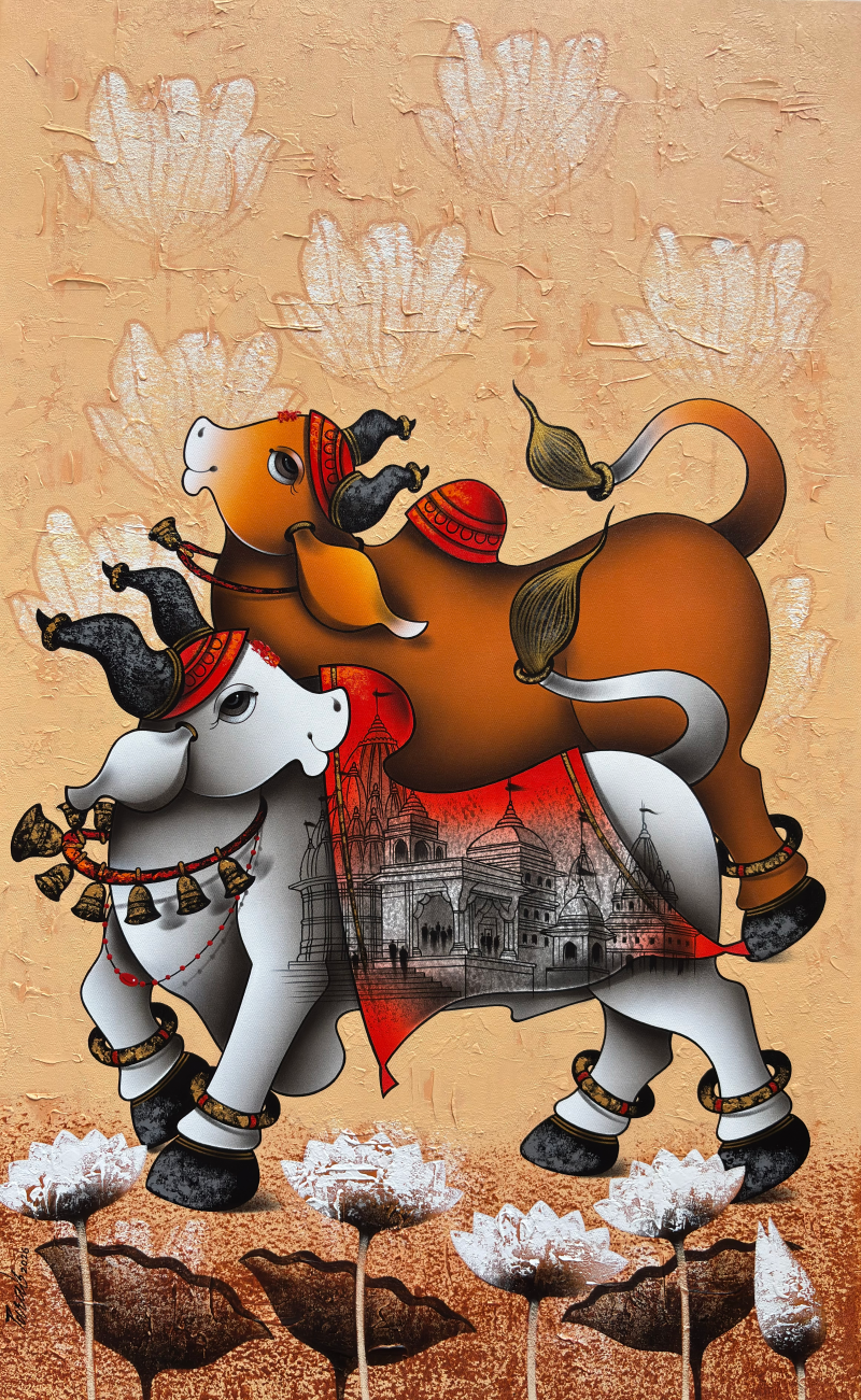 Joyful Nandi' religious acrylic-charcoal painting by artist Paras Parmar, 48x30 inch, on canvas