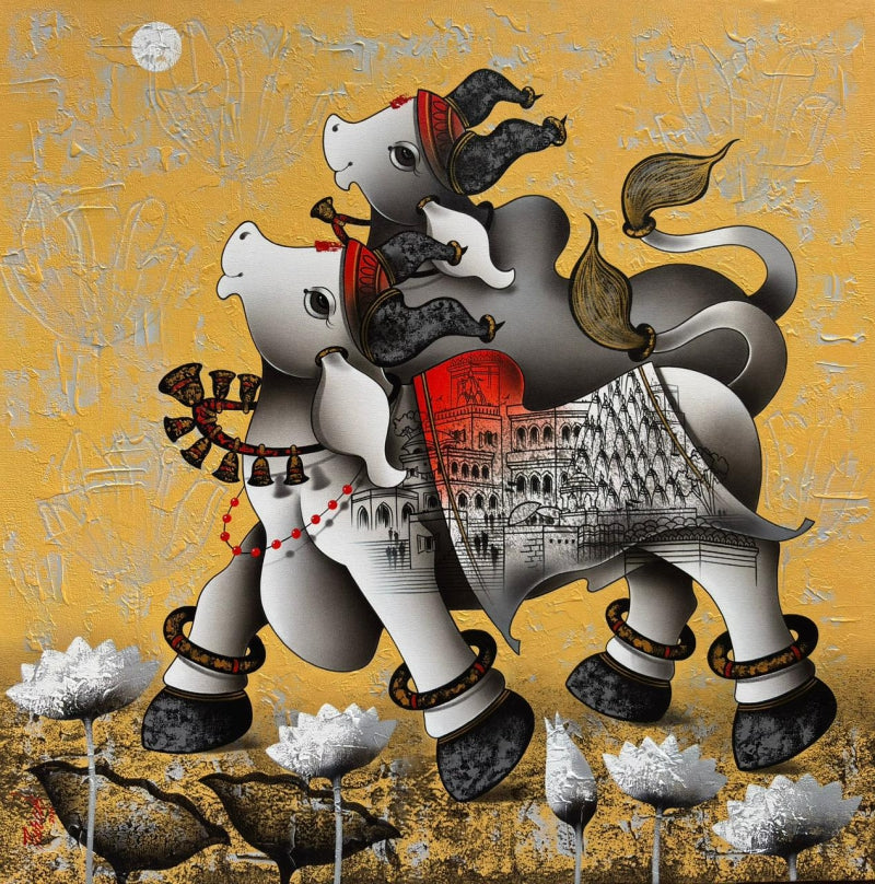 Joyful Nandi' religious acrylic-charcoal painting by artist Paras Parmar, 36x36 inch, on canvas