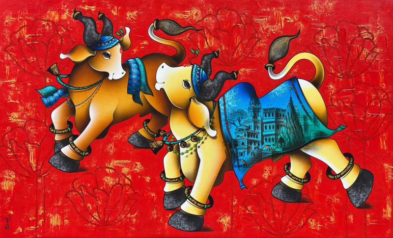 Joyful Nandi' religious mixed-media painting by artist Paras Parmar, 36x60 inch, on canvas