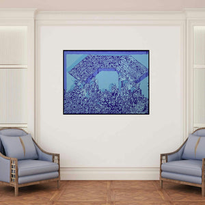 'Jubilation 3 (Geometric Abstraction)' painting by Niraja Bhuwal shown on a wall in a furnished room.