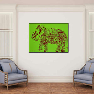 'Jubilation 8 (The Elephant's Journey)' painting by Niraja Bhuwal shown on a wall in a furnished room.