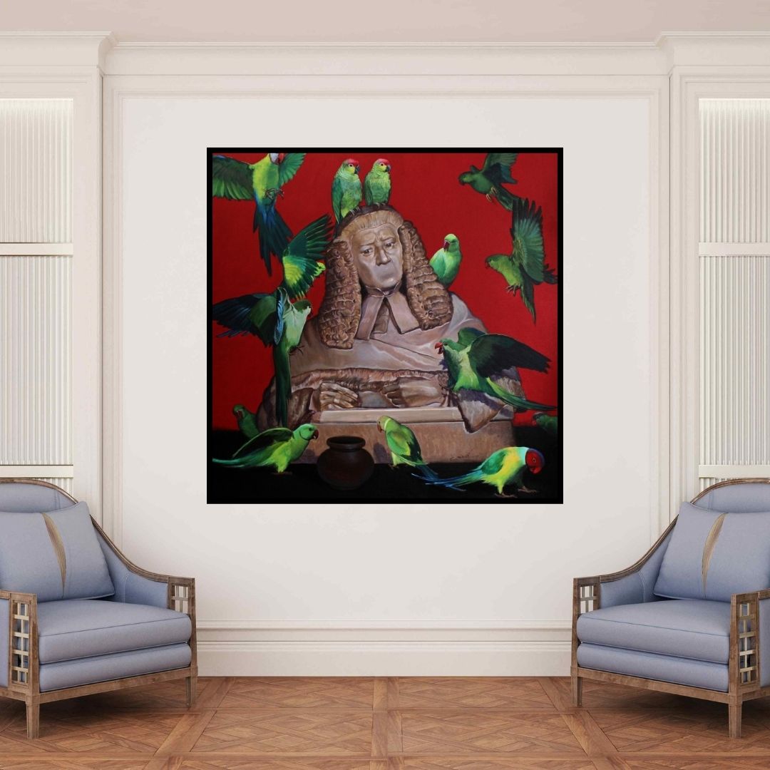 In-situ view of Javed Mulani's 'Judgement (A Parliament of Parrots)' painting in a room