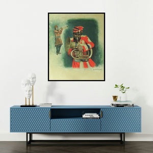 Farukh Nadaf's 'Jugalbandi' painting visualized above a sofa in a contemporary room.