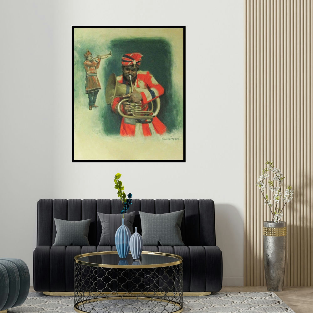 'Jugalbandi' painting by Farukh Nadaf shown on a wall in a furnished room.