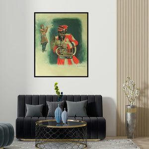 'Jugalbandi' painting by Farukh Nadaf shown on a wall in a furnished room.