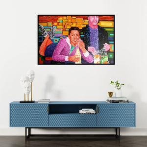 Preview of 'Junk Food Eater (Pixelated Connections)' Painting by Azizur Rahman shown on a wall in a furnished room.