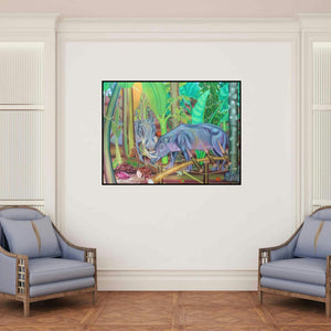 'Just Before Trap (Caught in the Undergrowth)' painting by Rejeesh Sarovar shown on a wall in a furnished room.