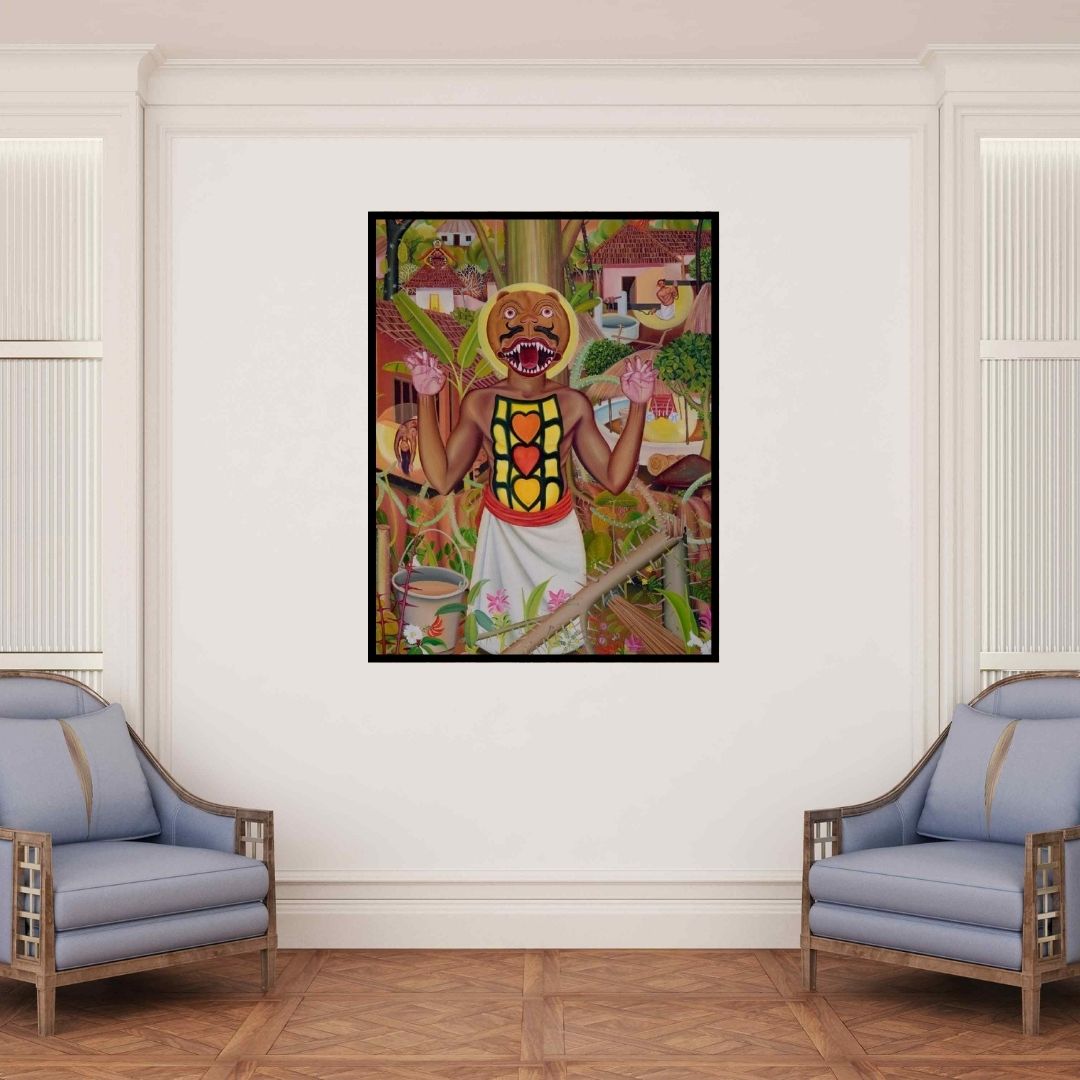 In-situ view of Rejeesh Sarovar's 'Kaari The Animal God (Village Guardian)' painting in a room