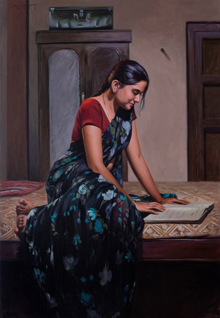 Kadambari' figurative oil painting by artist Mahesh Soundatte, 39x27 inch, on linen