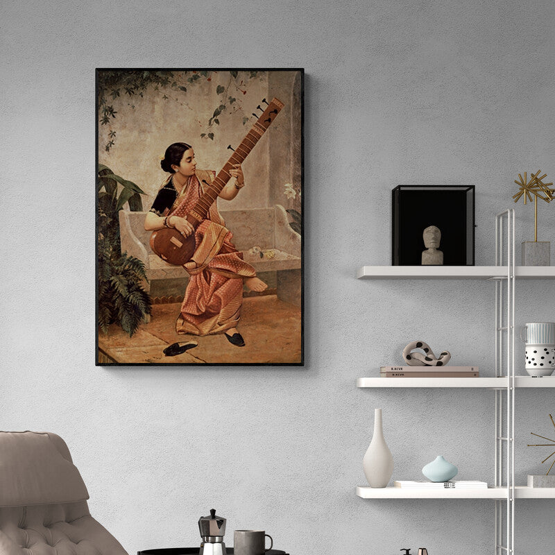 In-situ view of Raja Ravi Varma's 'Kadambari (Abstract Figures and Bird)' painting in a room