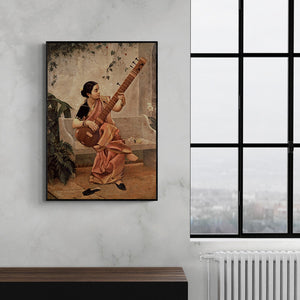 Preview of 'Kadambari (Abstract Figures and Bird)' Painting by Raja Ravi Varma shown on a wall in a furnished room.