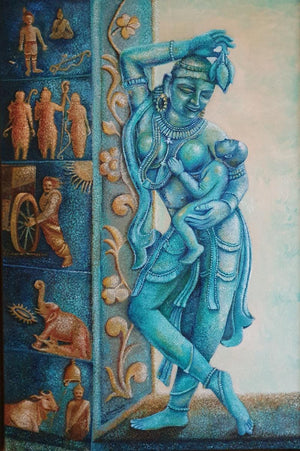 Kadhai Kadhayungal (Divine Motherhood) by Yamuna Bala, Original Oil Religious Painting on Canvas, Medium Vertical Wall Art