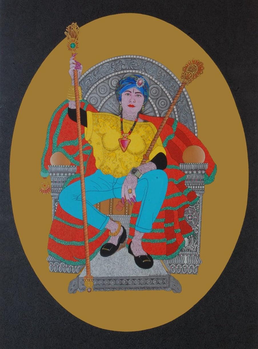 Fantasy acrylic ink painting titled 'Kaho Thakur', 48x36 inches, by artist Bandana Kumari on Canvas