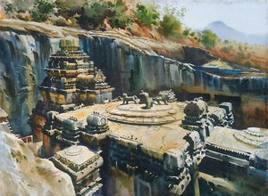 Kailash Temple Ellora Caves (Kailasa Temple at Ellora) by Abhijit Jadhav, Original Watercolor Cityscape Painting on Paper, Medium Horizontal Wall Art