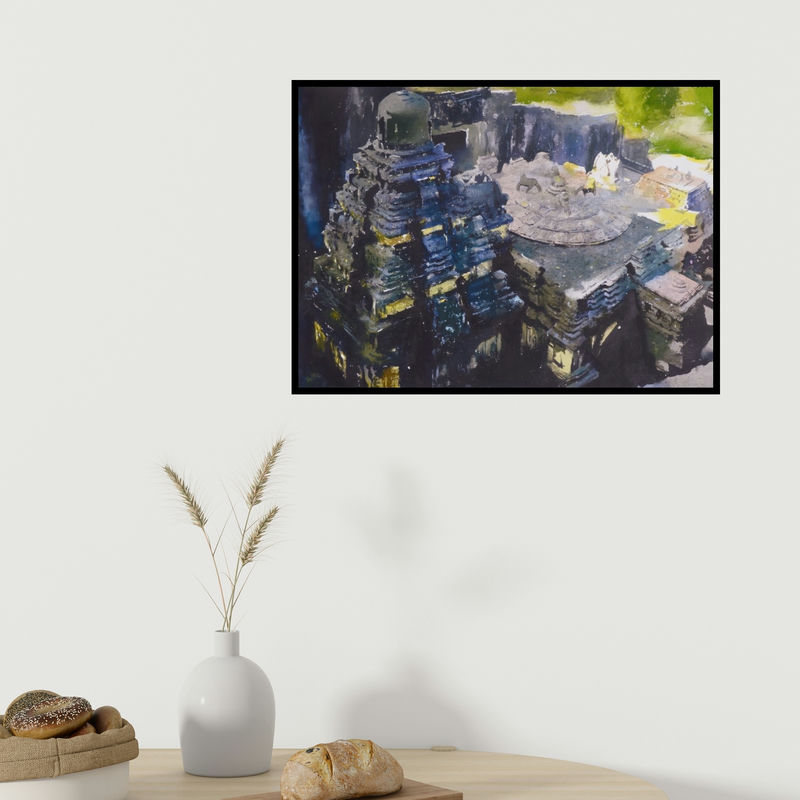 In-situ view of Vishal Chavan's 'Kailash Temple' painting in a room