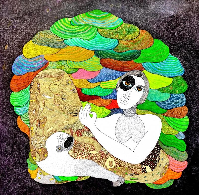 Figurative acrylic ink painting titled 'Kala Ka Kisan 2', 48x48 inches, by artist Poonam Kishor on Canvas