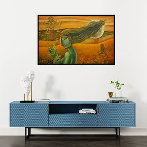 Preview of 'Kali (Goddess with Frog)' Painting by Sumon Naskar shown on a wall in a furnished room.