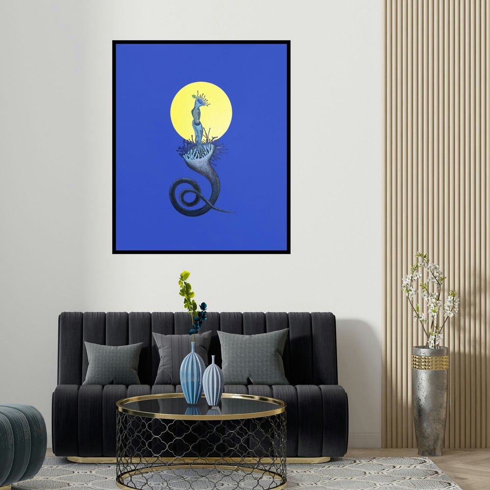 'Kaliya (Untitled)' drawing by Nitesh Panchal shown on a wall in a furnished room.