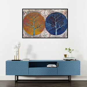 Preview of 'Kalkarvrit (Mapping the Myriad Realms)' Painting by Sumit Mehndiratta shown on a wall in a furnished room.