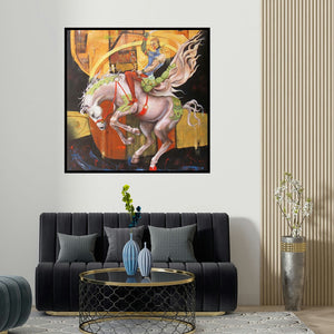 Kriti K C Saxena's 'Kalki Dasham Avtar (The Galloping Warrior)' painting visualized above a sofa in a contemporary room.