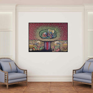 'Kalpatru (Vishnu Ananta Shayana)' painting by Jitendra Dangi shown on a wall in a furnished room.