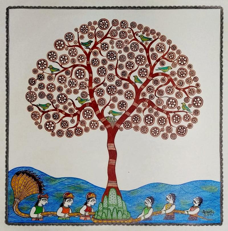 Figurative acrylic painting titled 'Kalpvriksha', 24x24 inches, by artist Avinash Karn on Canvas