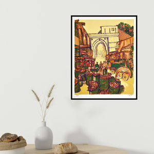 Vrindavan Solanki's 'Kalupur Darwaza (A Bustling Market Gateway)' painting visualized above a sofa in a contemporary room.