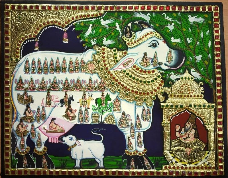 Religious tanjore traditional art titled 'Kamadenu Tanjore Painting 1', 12x15 inches, by artist VANI VIJAY on Plywood