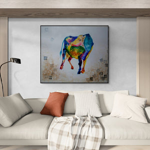 In-situ view of Shuchi Khanna's 'Kamadhenu' painting in a room