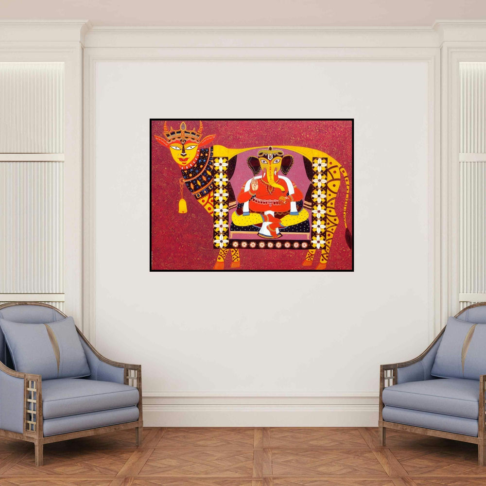 'Kamadhenu (Ganesha and Kamadhenu Blessing of Abundance)' painting by Bhaskar Lahiri shown on a wall in a furnished room.