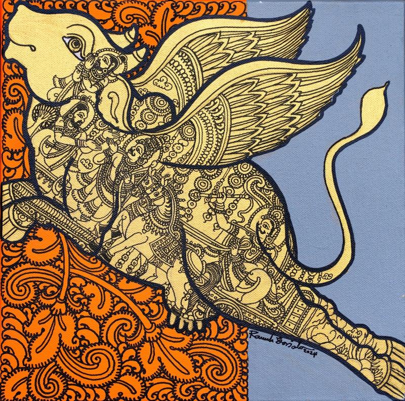 Religious acrylic painting titled 'Kamadhenu', 12x12 inch, by artist Ramesh Gorjala on Canvas