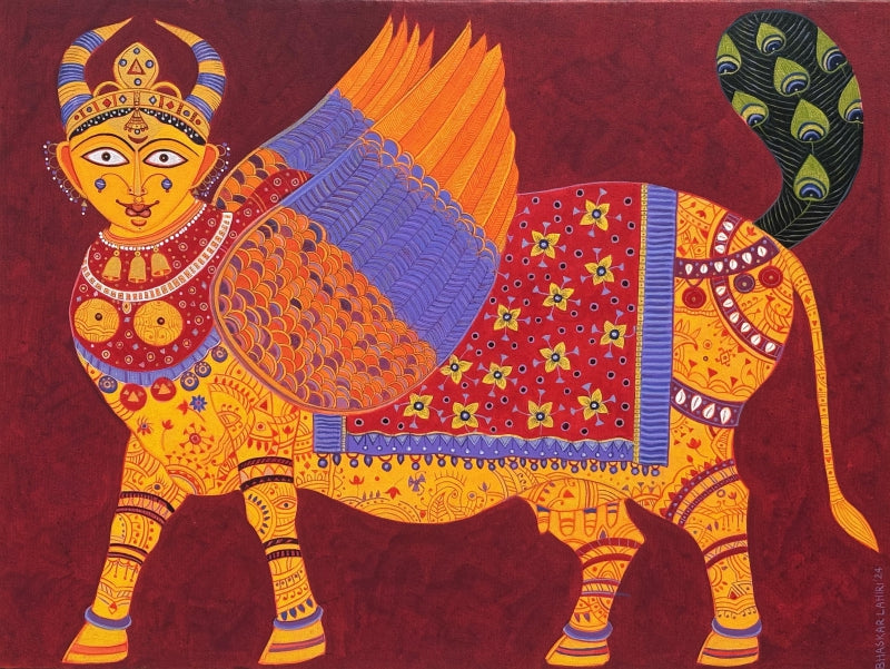 Kamadhenu' religious acrylic painting by artist Bhaskar Lahiri, 30x40 inch, on canvas