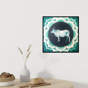 In-situ view of Rohit Sharma's 'Kamadhenu' painting in a room