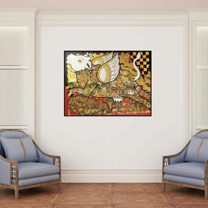 'Kamadhenu (Kamadhenu, the Wish-Fulfilling Cow)' painting by Ramesh Gorjala shown on a wall in a furnished room.