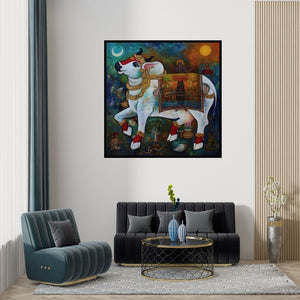 Preview of 'Kamadhenu (The Divine Cow)' Painting by N P Rajeshwarr shown on a wall in a furnished room.