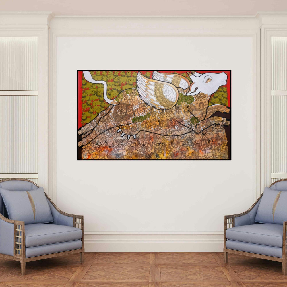 'Kamadhenu (Kamadhenu, the Celestial Cow)' painting by Ramesh Gorjala shown on a wall in a furnished room.