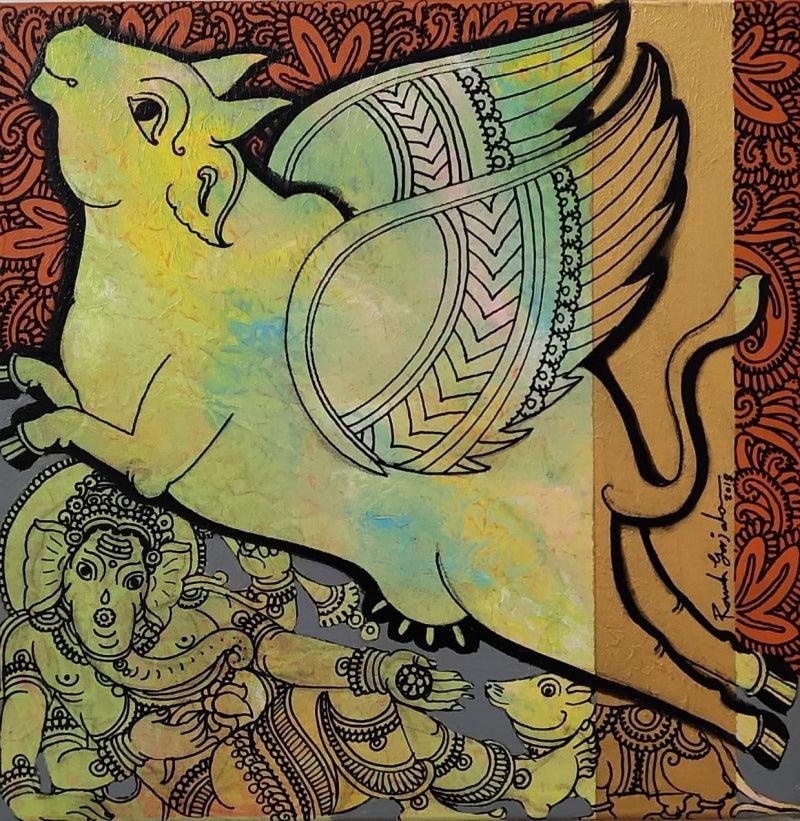 Religious acrylic painting titled 'Kamadhenu 6', 12x12 inches, by artist Ramesh Gorjala on Canvas