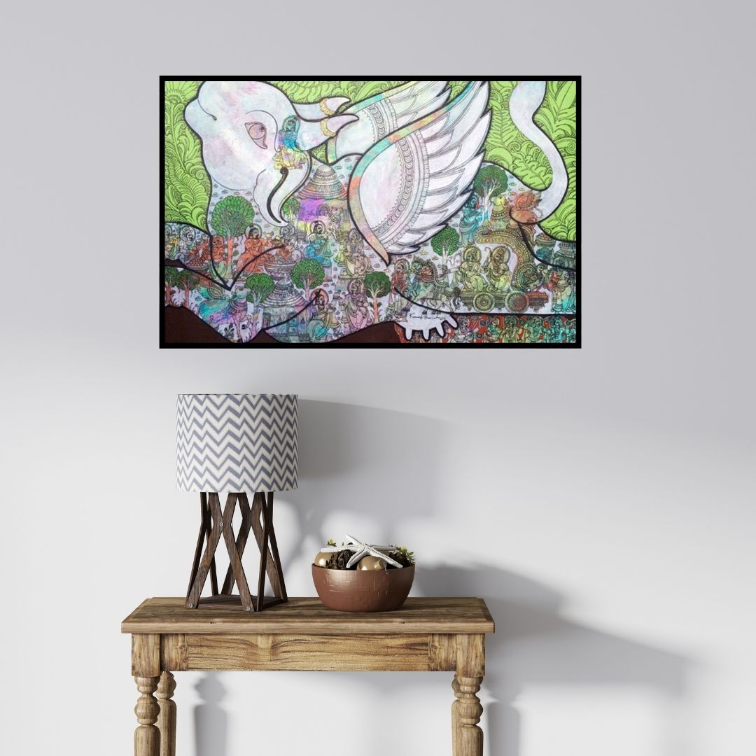 In-situ view of Ramesh Gorjala's 'Kamadhenu (Celestial Cow)' painting in a room