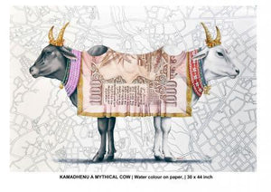 Kamadhenu A Mythical Cow by Rohit Sharma, Original Watercolor Photorealistic Painting on Paper, Large Horizontal Wall Art