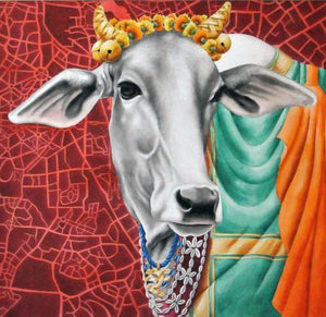 Kamadhenu by Rohit Sharma, Original Watercolor Photorealistic Painting on Paper, Medium Square Wall Art