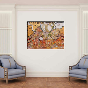 'Kamadhenu (Sacred Cow)' painting by Ramesh Gorjala shown on a wall in a furnished room.